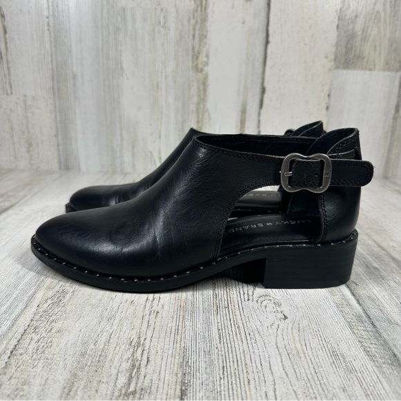 Lucky Brand Giovanna Black Leather Cut Out Heeled Ankle Booties #319 - Picture 1 of 12